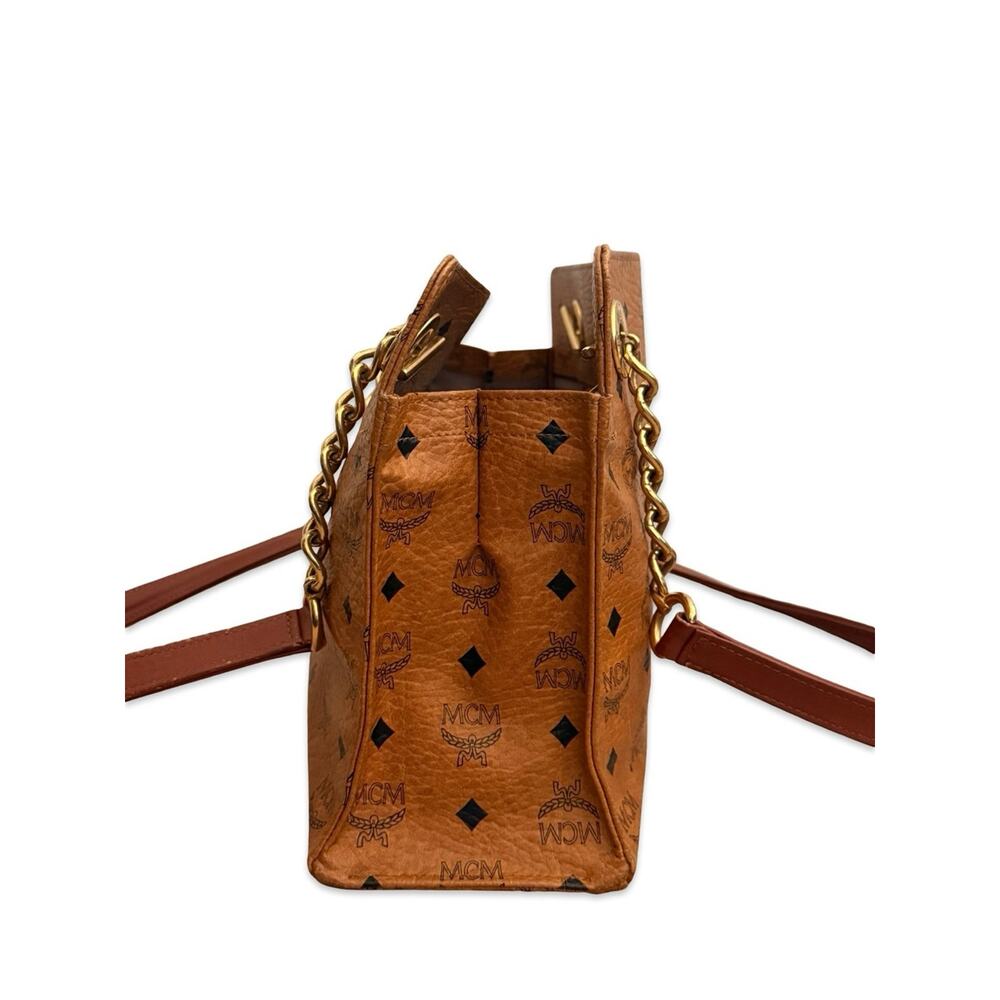 MCM Visetos Cognac Shoulder Bag Gold Chain Strap Medium Tote - Picture 5 of 16